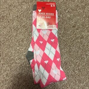 Pink plaid knee high socks with hearts